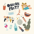 Set of Home Quarantine Party Icons Birthday Decor, Stroboscope and Cola Cup and Bottle, Festive Flapper with Confetti Royalty Free Stock Photo