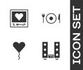 Set Home stereo with two speakers, Photo frames and hearts, Balloon in form of and Plate, fork knife icon. Vector