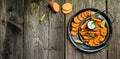 Set of homemade baked sweet potato fries with lime. Sweet potato fries with herbs on wooden background banner, menu, recipe place Royalty Free Stock Photo