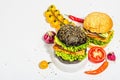 Set of homemade fish burgers. Fresh ingredients, ripe vegetables, fast food concept Royalty Free Stock Photo