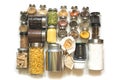 Set of homemade stocks of spices, cereals, coffee , pasta, flour, sugar on white table top. Storage and save in glass jar