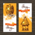 Set of honey banners with hand drawn sketch illustrations