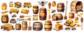Set of honey barrel and various beekeeping elements