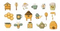 Set of honey and beekeeping outlined icons. Honey. Beekeeping elements. Beehive, bees, honey, pot, teapot, cup, spoon