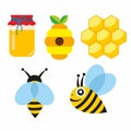 Set of honey bees and honeycombs vector illustration