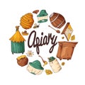 Set of honey elements. Apiary icons for your design. Vector sketches, sweet natural food