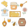 A set of honey. Jar of honey, honeycomb, bee, beekeeper Royalty Free Stock Photo