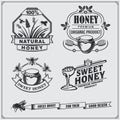 Set of honey labels, badges and design elements. Honeycombs, bees, honey emblems. Royalty Free Stock Photo