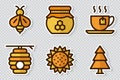 Set of honey theme stickers icons. Set of stickers on bee theme. Simple beekeeping collection theme. Cartoon style. Vector