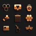 Set Honeycomb, dipper stick with honey, Bee, Stack of pancakes, and hand, Jar and icon. Vector Royalty Free Stock Photo