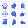 Set Honeycomb map of the world, Bee and honeycomb, Tea kettle with, Cup tea, Hive for bees, and hands icon. Vector Royalty Free Stock Photo