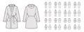 Set of Hooded Bathrobes Dressing gowns technical fashion illustration with wrap opening, mini knee length, tie, pockets