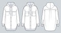 Set of Hooded Shirt technical fashion Illustration. Button down Shirt fashion flat technical drawing template, cuffed long sleeves