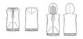 Set of Hooded vests waistcoat technical fashion illustration with sleeveless, kangaroo pouch, zip-up closure, oversized Royalty Free Stock Photo