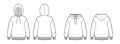 Set of Hoody sweatshirt technical fashion illustration with long sleeves, oversized body, knit rib cuff, banded hem.