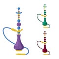 Set of hookahs on a white background. A golden hookah with a purple flask in a cartoon style on a white background.