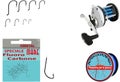 Set of hooks and fishing rod reel isolated on a white background Royalty Free Stock Photo