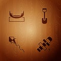 Set Hopscotch, Boat swing, Kite and Shovel toy on wooden background. Vector