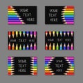 Set of Horisontal Cards with Realistic Colorful Pencils on Black