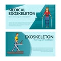 Set of horizontal banner template. People rehabilitation with exoskeleton. Woman stay, man walks with exosuit. Vector.