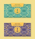 Set Horizontal banners with abstract waves in blue marine and beige