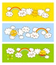 Set of horizontal banners with cartoon Sun and clouds for funny summer design Royalty Free Stock Photo