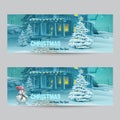 Set of horizontal banners with Christmas and New Year with the image of a snowy night with a snowman and Christmas trees Royalty Free Stock Photo