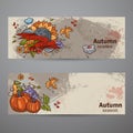 Set horizontal banners of colored autumn doodle Royalty Free Stock Photo