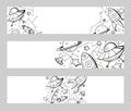 Set of horizontal banners with contour child illustrations of stars, spaceships, UFOs and place for text.