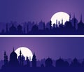 Horizontal banners of eastern city with minarets and domes at night. Royalty Free Stock Photo