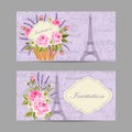 Set of horizontal banners with Eiffel Tower and flowers on vintge background