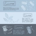 Set of horizontal banners for embroidery and sewing. Thread, needles, embroidery. Creative fashion concept for business Royalty Free Stock Photo