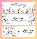 Set of horizontal banners with hand drawn spring cherry blossom in sketch style. Spring design for cards, banners, letters,