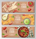 Set of horizontal banners with mexican food on a wooden background. Tamales, nachos, bean soup. Banner, flyer, poster,