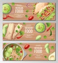 Set of horizontal banners with mexican food on a wooden background. Tamales, nachos, tacos, lime soup. Banner, flyer, poster,