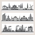 Set of horizontal banners with monochrome illustrations of urban landscapes. Silhouette of modern buildings Royalty Free Stock Photo