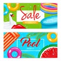 Set of horizontal banners realistic inflatable pool and colorful swimming equipment of various shape isolated illustration