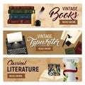 Set of horizontal banners realistic vintage books and typewriter classical literature on beige background isolated vector