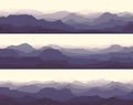 Set of horizontal banners of twilight in rocky low mountains.