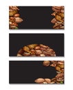 Set of horizontal banners with various cartoon nuts on a dark background with place for text. Hazelnuts, peanuts, pecans and