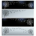 Set of horizontal black and grey banners with dandelions fluff