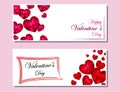 Set of horizontal cards, banners with shiny hearts in low poly style. Words Happy Valentine`s Day