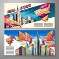Set of horizontal cartoon illustrations, banners, urban backgrounds with city landscape