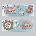 Set of horizontal Christmas banners with the image of a lamb, gifts and Christmas wreaths