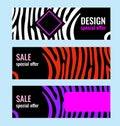 Set Horizontal color banners with white stripes on bright background. Sale special offer. Royalty Free Stock Photo