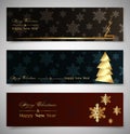 Set of horizontal Christmas banners. Winter theme web banners. New year and Christmas party card elegant gold decoration, isolated