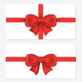 Set of horizontal gift cards with luxury red bows. Decorative gift bows with satin ribbons for wrapping, invitation