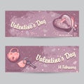 Set of horizontal greeting cards for Valentine's Day with lock,