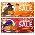 Set horizontal Halloween banners with buttons. Orange and red discount banners for your business with beautiful icons Royalty Free Stock Photo