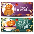 Set horizontal Halloween banners. Purple and green greetings cards for your arts with beautiful icons